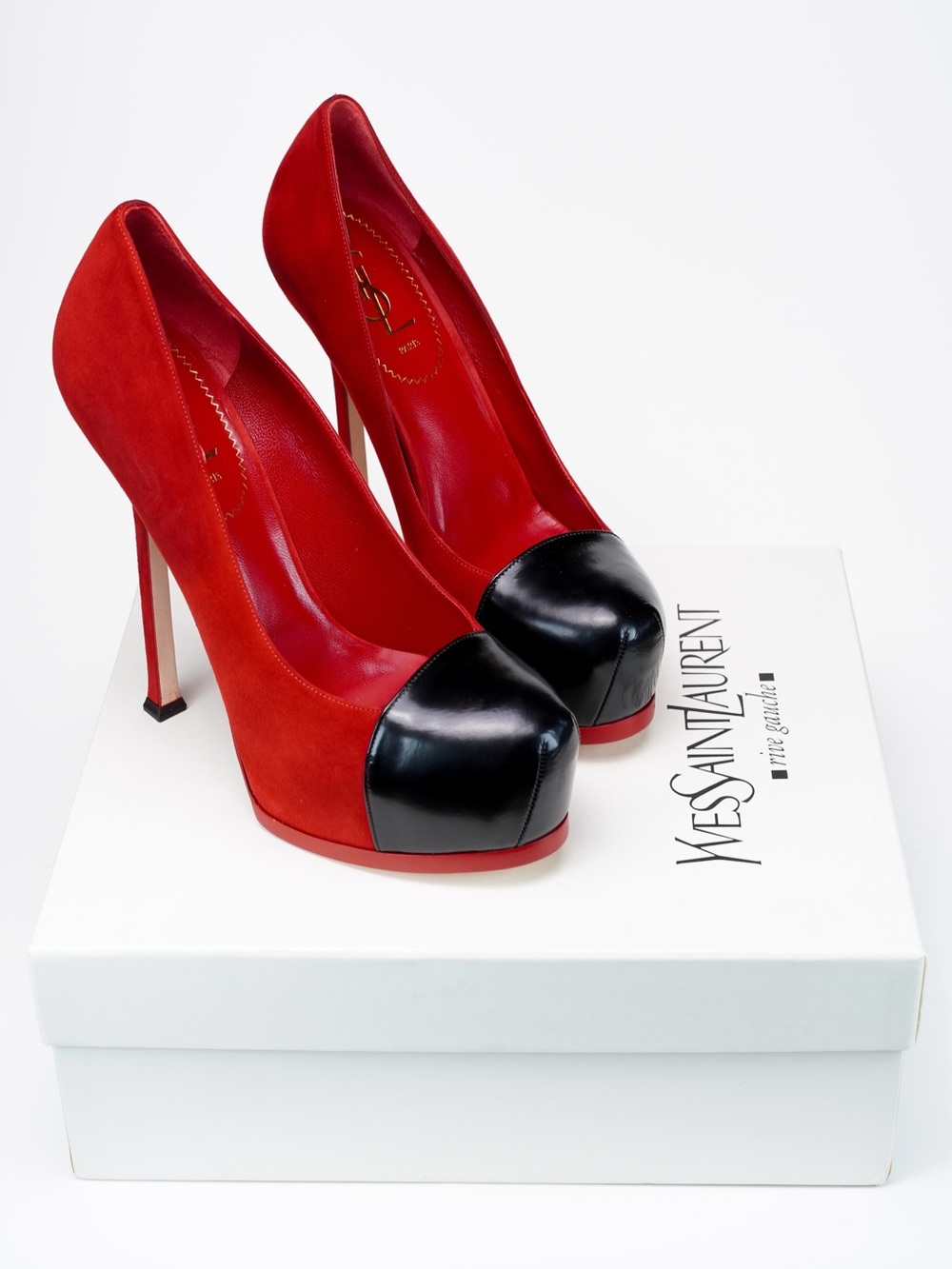 YSL Yves Saint Laurent Tribtoo 105 Red Suede Black Cap Toe Pumps 38 US 8